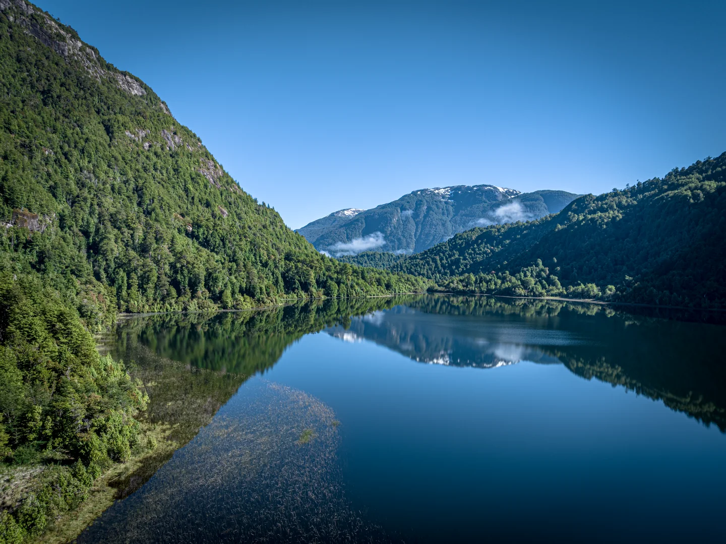 Mountains and forest reflected in the lake under a clear sky
