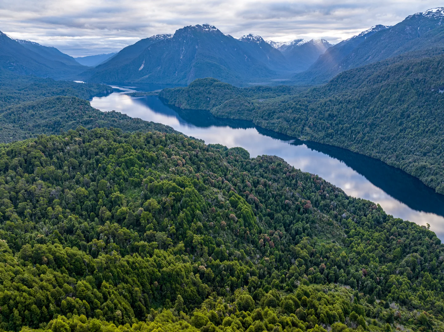 Elevated view of Lago Roosevelt surrounded by forest and mountains