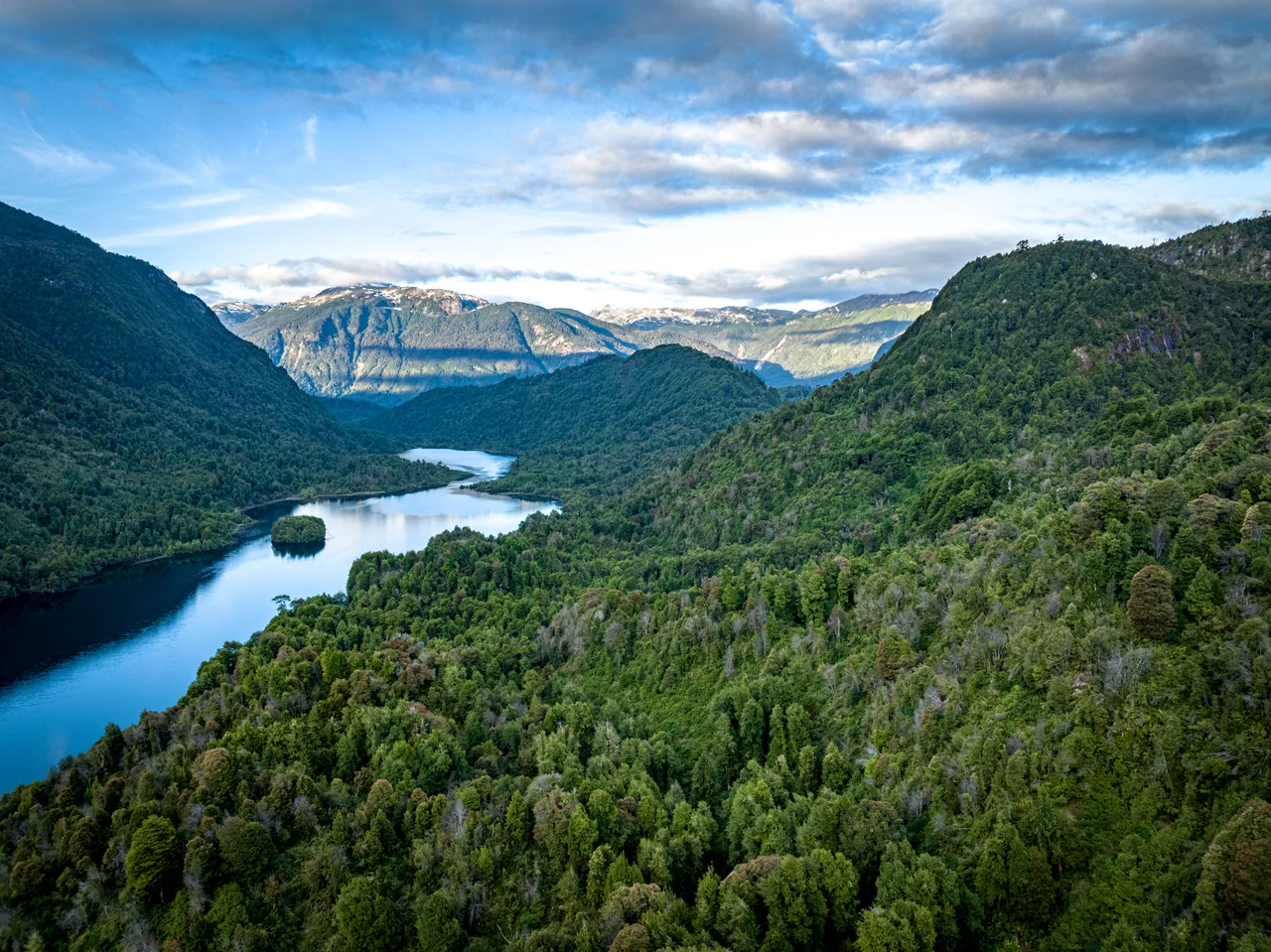 Lago Roosevelt between slopes of native forest, with an islet and the sunlit mountains behind